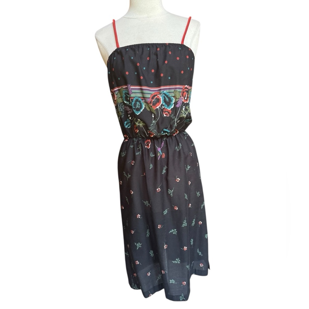 1970s Floral w/Hummingbird‎ Cotton Blend Sundress